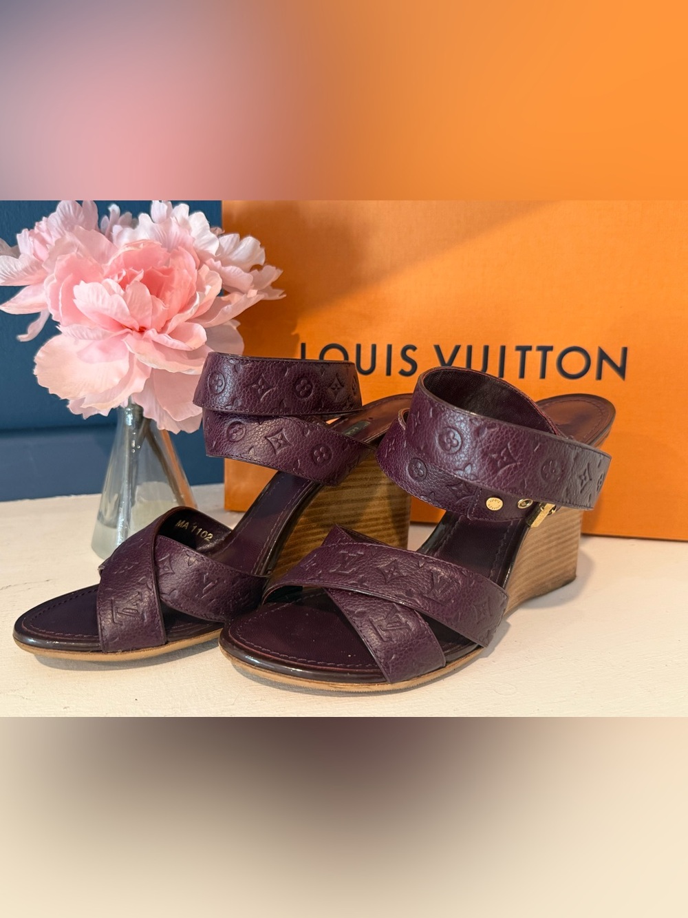 Louis Vuitton Plum Monogram Leather Wedge Sandals